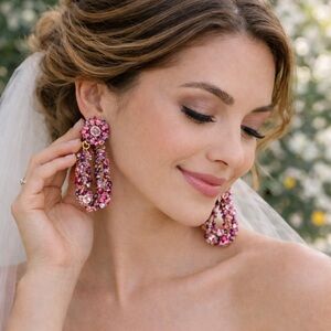 ELECTRIC EARRINGS FUSHIA- Navy-pink- crystal clip  3 1/2” drop clip